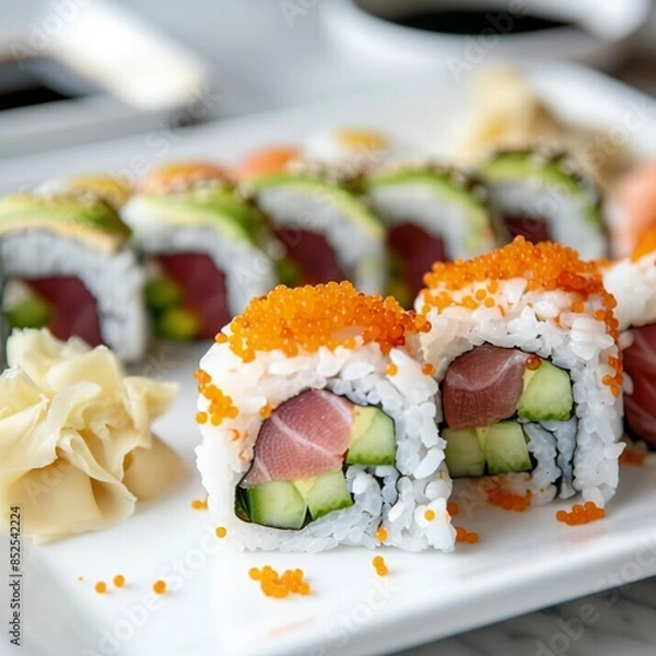 Fototapeta A plate of assorted sushi rolls with fresh salmon, tuna, avocado, and cucumber. Garnished with pickled ginger, wasabi, and soy sauce. 