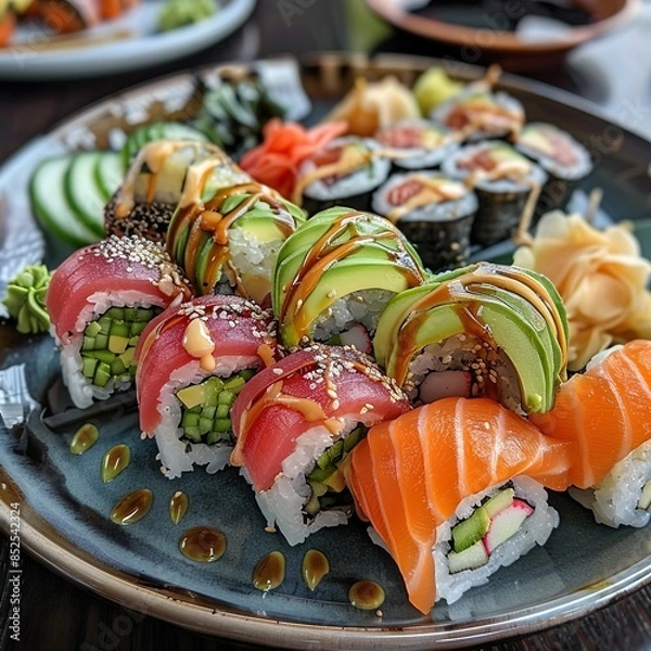 Fototapeta A plate of assorted sushi rolls with fresh salmon, tuna, avocado, and cucumber. Garnished with pickled ginger, wasabi, and soy sauce. 