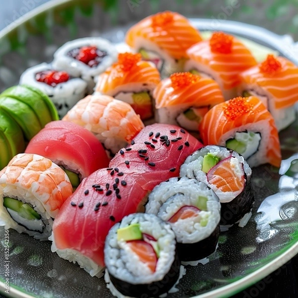 Fototapeta A plate of assorted sushi rolls with fresh salmon, tuna, avocado, and cucumber. Garnished with pickled ginger, wasabi, and soy sauce. 