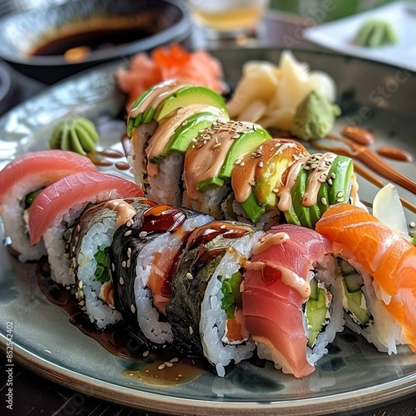 Fototapeta A plate of assorted sushi rolls with fresh salmon, tuna, avocado, and cucumber. Garnished with pickled ginger, wasabi, and soy sauce. 