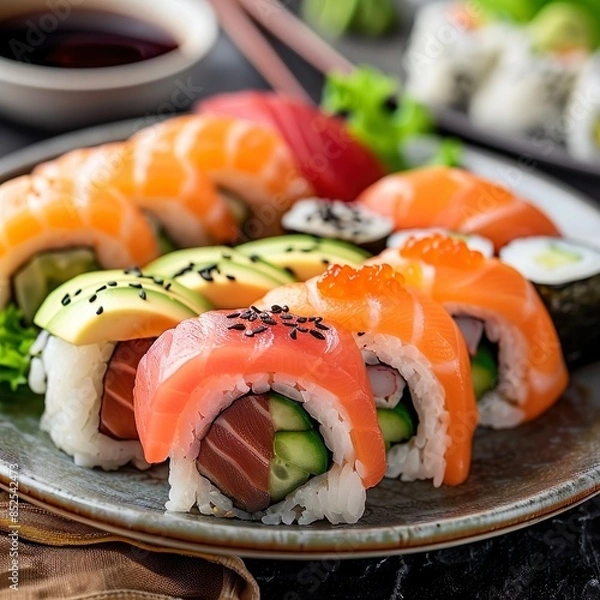 Fototapeta A plate of assorted sushi rolls with fresh salmon, tuna, avocado, and cucumber. Garnished with pickled ginger, wasabi, and soy sauce. 
