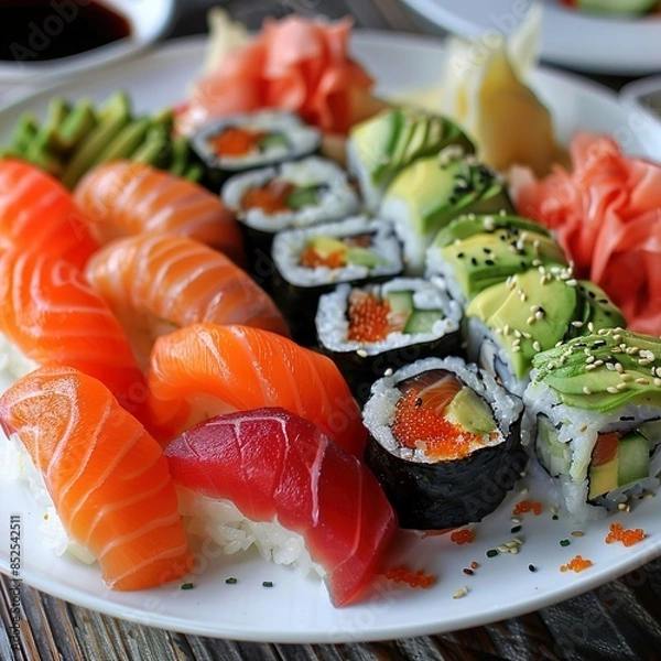 Fototapeta A plate of assorted sushi rolls with fresh salmon, tuna, avocado, and cucumber. Garnished with pickled ginger, wasabi, and soy sauce. 