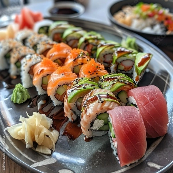 Fototapeta A plate of assorted sushi rolls with fresh salmon, tuna, avocado, and cucumber. Garnished with pickled ginger, wasabi, and soy sauce. 