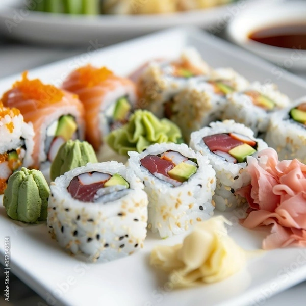 Fototapeta A plate of assorted sushi rolls with fresh salmon, tuna, avocado, and cucumber. Garnished with pickled ginger, wasabi, and soy sauce. 