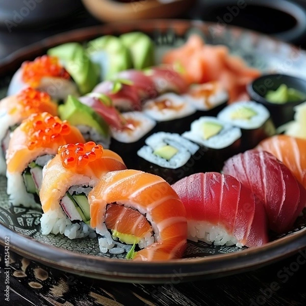 Fototapeta A plate of assorted sushi rolls with fresh salmon, tuna, avocado, and cucumber. Garnished with pickled ginger, wasabi, and soy sauce. 