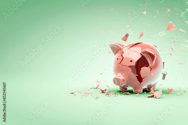 Obraz Shattered Piggy Bank on Green Background