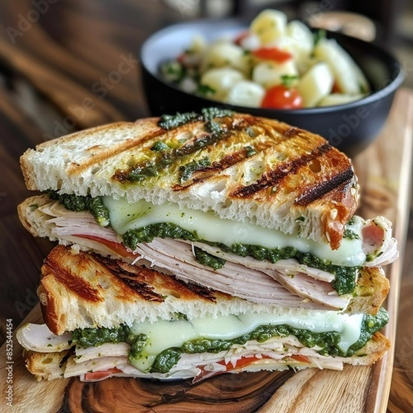 Fototapeta A grilled panini sandwich with layers of turkey, Swiss cheese, spinach, and pesto. Presented on a wooden board with a side of potato salad.
