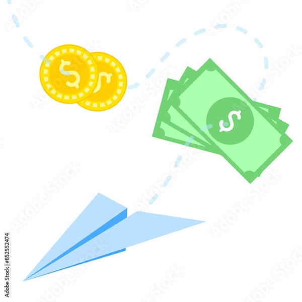 Fototapeta Financial transaction paper plane delivering money, flying dollar bills and gold coin with dollar sign, symbolizing digital payments, e-commerce, and online money transfer. Modern flat