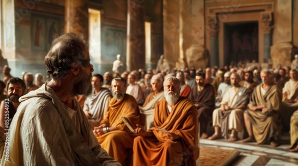 Fototapeta Ancient philosophers speaking to audience in a historical setting