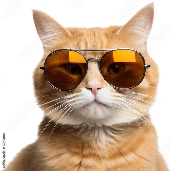 Obraz Cool orange tabby cat wearing aviator sunglasses with a serious expression, isolated on a white background.