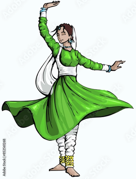 Fototapeta Beautiful Indian Classical Dancer Character Vector Illustration, doodle style cartoon illustration of dancing girl in traditional Indian dance costume