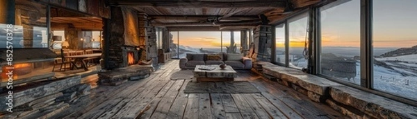 Fototapeta Stunning panoramic view from a cozy, rustic mountain cabin with large windows showcasing a breathtaking sunrise over snowy peaks.