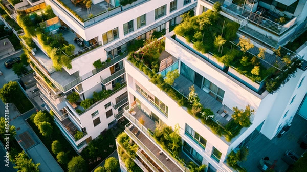 Fototapeta Green roof gardens in a city, an ecofriendly urban development with sustainable architecture and vertical gardens on buildings.