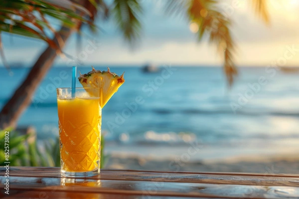 Fototapeta tropical cocktail with slice pineapple on the table against a blurred background of the sea, beach bar or resort hotel, summer vacation concept