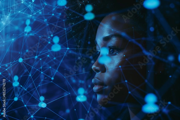 Fototapeta Black woman looking at digital screen with social network concept, portrait of young businesswoman in dark blue background and many virtual people icon portraits floating on tech grid system
