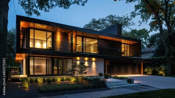 Fototapeta Photo of modern house with outdoor lighting, at night, external view