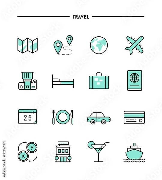 Obraz set of flat design, thin line travel icons