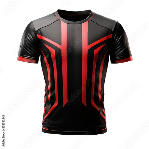Fototapeta Mock up black and red jersey with chest shape, isolated for object and retouch design on transparent background. Generative AI.