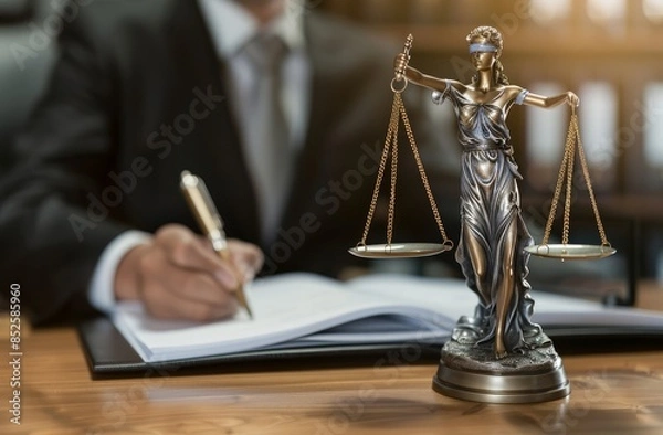 Fototapeta Lawyer is holding the scale of justice while taking notes at his desk 