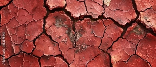 Fototapeta Extreme Close-Up of Cracked Red Clay, Symbolizing Drought and Environmental Change - Generative ai