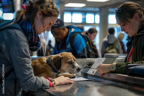 Fototapeta scene at an airport where workers are checking documents for pets traveling with their owners