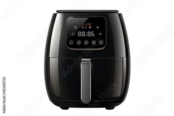Obraz A Sleek Black Air Fryer With a Digital Display Ready to Cook a Delicious Meal on a Clear PNG or White Background.