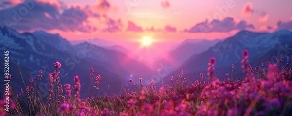 Fototapeta A beautiful sunrise in the mountains with grass and purple and orange tones A realistic photo in the style of high resolution