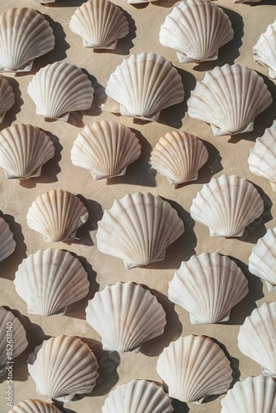 Fototapeta The image is a grid of 31 white and beige seashells arranged against a beige background.

