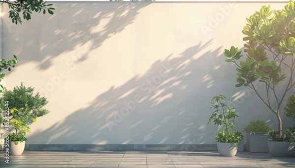 Fototapeta Empty large wall of balcony or roof terrace with potted plants in minimal style.