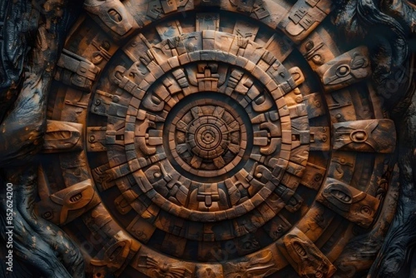 Obraz Mesmerizing Mayan Mandala Design with Spiraling Shapes,Hypnotic Iridescent Sheen,and Tikal-Inspired Misty Cloud Forest Background