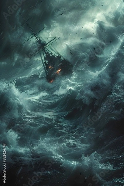 Fototapeta Vessel Engulfed by Churning Emerald Waves in Ominous Bermuda Triangle Storm