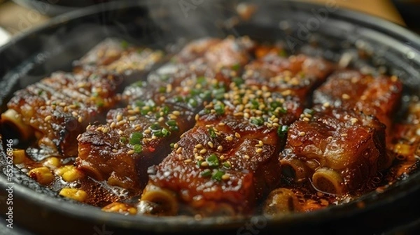 Fototapeta Close-Up of Steaming Ribs in a Black Pot