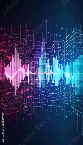 Fototapeta Colorful abstract digital soundwave representation with futuristic data visualization on a dark gradient background.