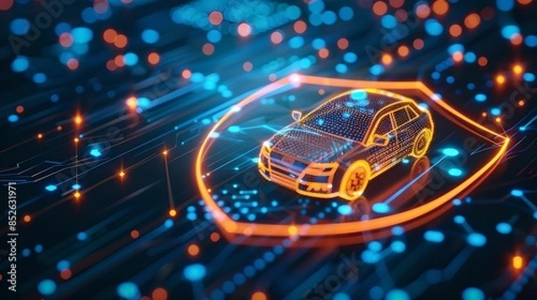 Obraz Glowing digital shield with car symbol car insurance, protection, security, coverage, dark