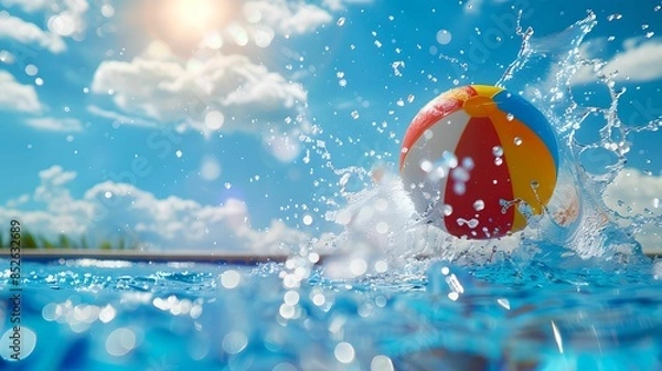 Obraz Multicolored beach ball tossed swimming pool splashes, water, bright, blue, sky