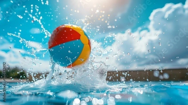 Obraz Multicolored beach ball tossed swimming pool splashes, water, bright, blue, sky