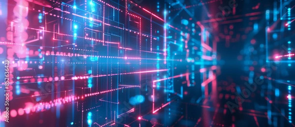 Fototapeta A futuristic display of geometric red and blue lights forms a maze-like structure, suggesting a digital labyrinth filled with endless possibilities.