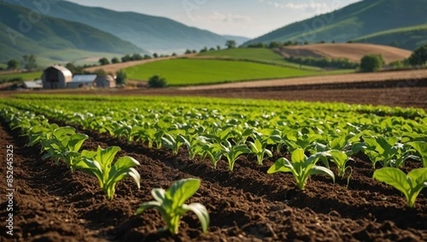 Fototapeta depicting sustainable agriculture with a close-up of organic crops growing in a field. Include elements like rich soil, healthy plants, and a watering system that conserves water. The 