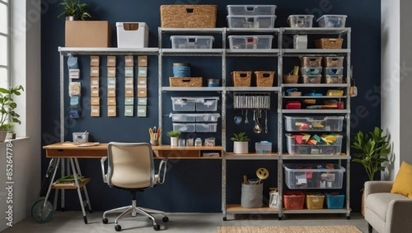 Fototapeta showcasing organized storage solutions. Include elements like modular shelves with labeled bins and boxes, a pegboard with neatly arranged office tools, and a drawer organizer with var
