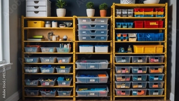 Fototapeta showcasing organized storage solutions. Include elements like modular shelves with labeled bins and boxes, a pegboard with neatly arranged office tools, and a drawer organizer with var