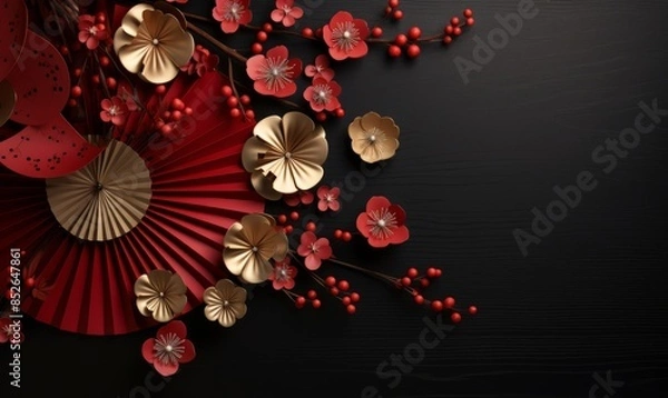 Obraz A golden fan adorned with red flowers is displayed beside a luxurious vase with a bouquet of vibrant red blossoms, creating an elegant and dramatic still life.