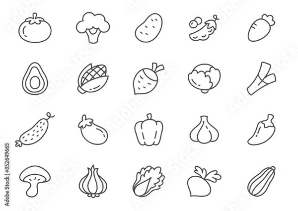Fototapeta Kawaii vegetable icon set. Collection of monochrome hand drawn vegetable stickers isolated on a white background. Vector 10 EPS.
