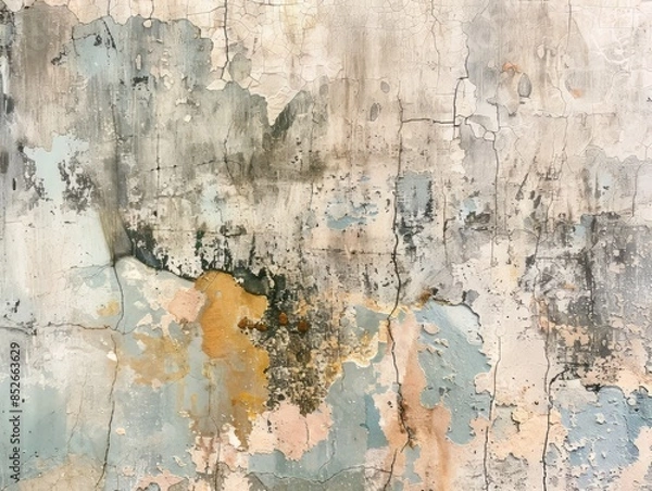 Fototapeta Close-up of a weathered and peeling concrete wall with a mix of beige, white, and black colors creating a textured, abstract pattern