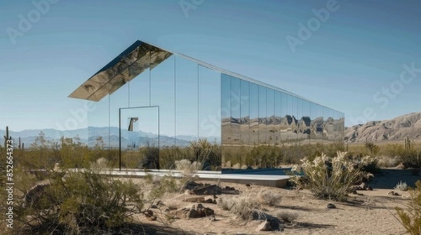 Obraz House made by mirror in sand desert, futuristic developer project