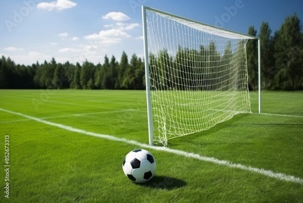 Fototapeta Soccer field featuring goal post, vibrant green turf, and net shadow under bright sunlight
