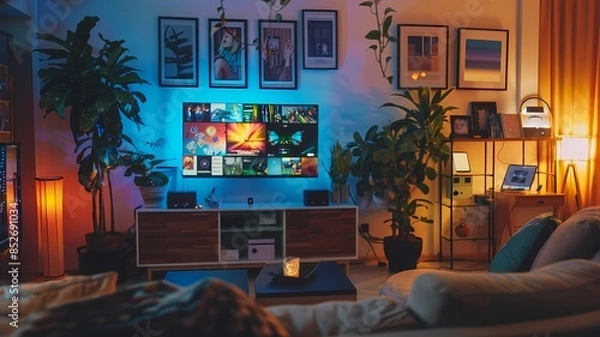 Fototapeta A TV screen streaming online video, a smartphone displaying social media notifications and a digital frame in a living room setup