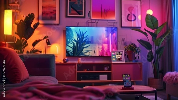 Fototapeta A TV screen streaming online video, a smartphone displaying social media notifications and a digital frame in a living room setup