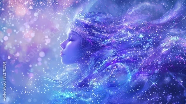 Fototapeta Silhouette of a woman with long hair standing in front of a starry sky.