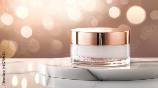 Obraz Elegant night cream container on a marble countertop, illuminated by warm ambient lighting, showcasing high-quality skincare in a realistic setting
