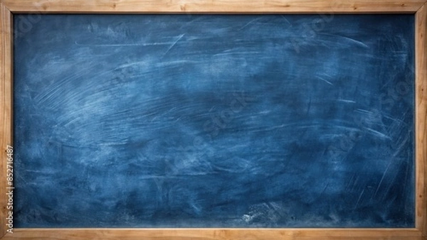 Fototapeta Dark blue chalkboard with subtle erasure marks, creating a worn, textured background, providing ample empty space for overlaying text, artwork, or other creative elements.